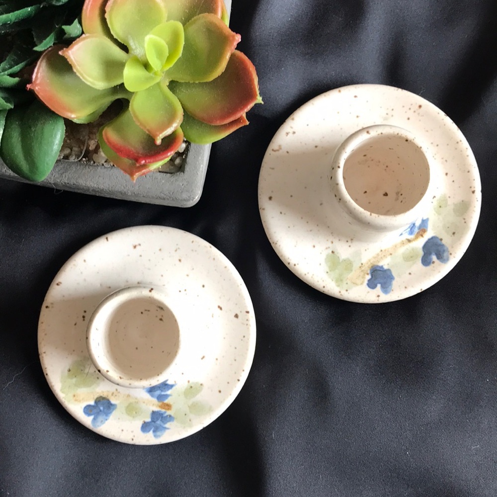 2 Hand Painted Glazed Pottery Candle Holders